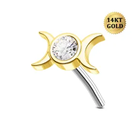 14K Solid Gold Moon Phase Clear CZ Top Flat Back Nose Stud