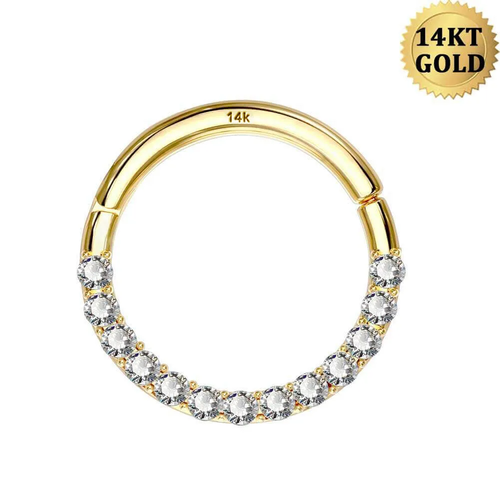 14KT Gold Segment Septum Ring 16G Front CZ Gold Daith Earring