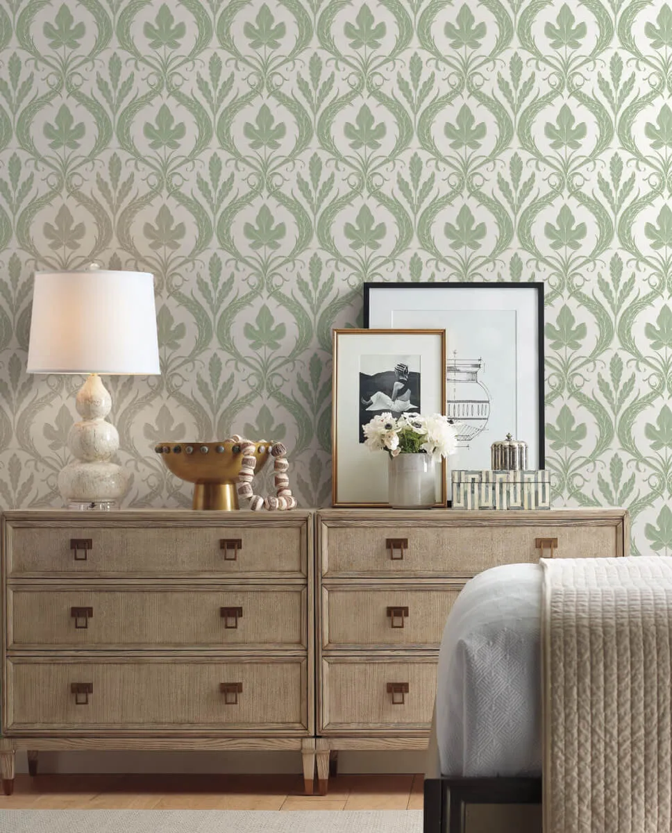 Adirondack Damask Wallpaper in Green/White from Damask Resource Library