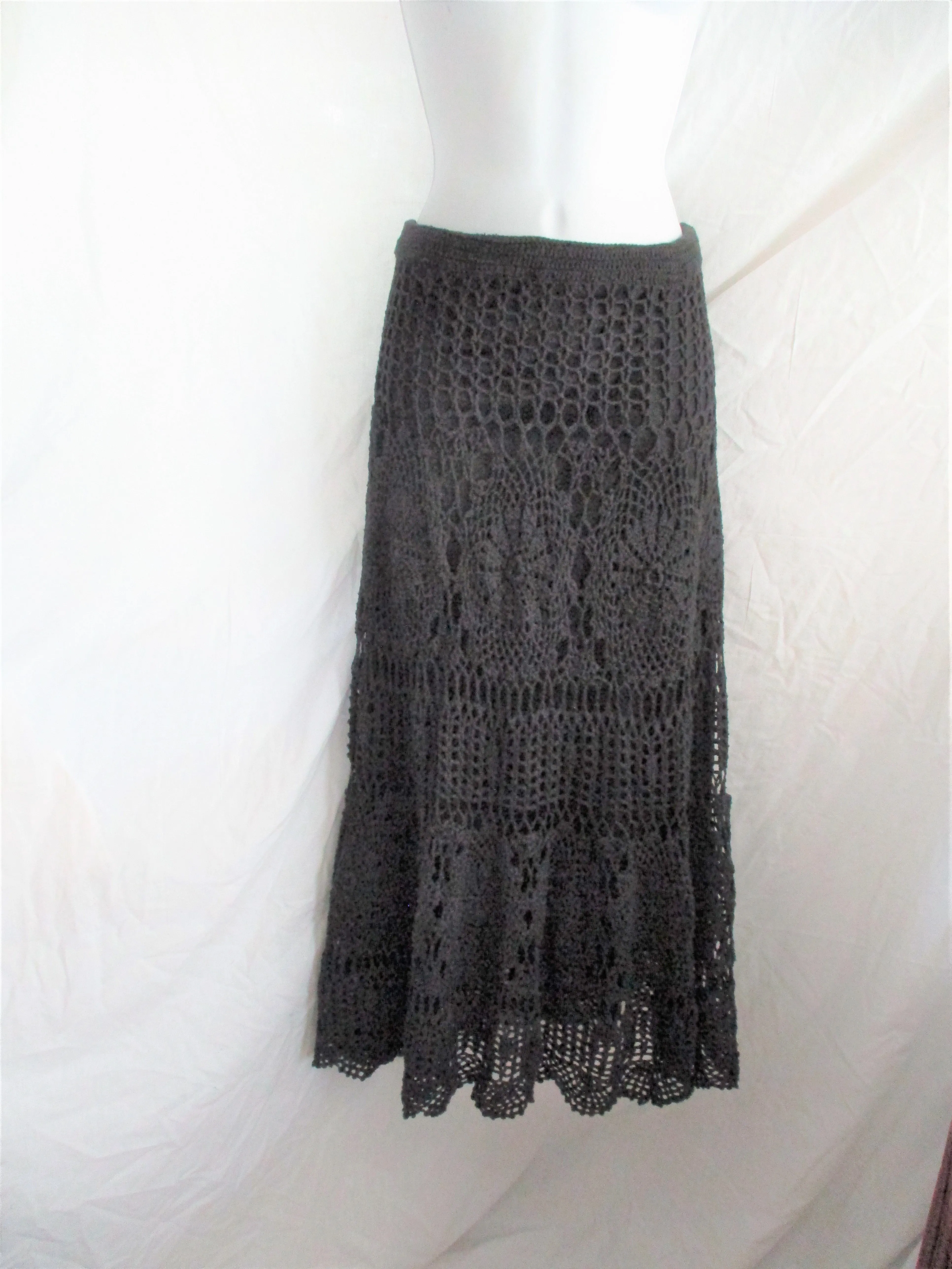 ARIELLA CROCHET MACRAME Maxi Skirt BLACK Boho Festival Hippie OS