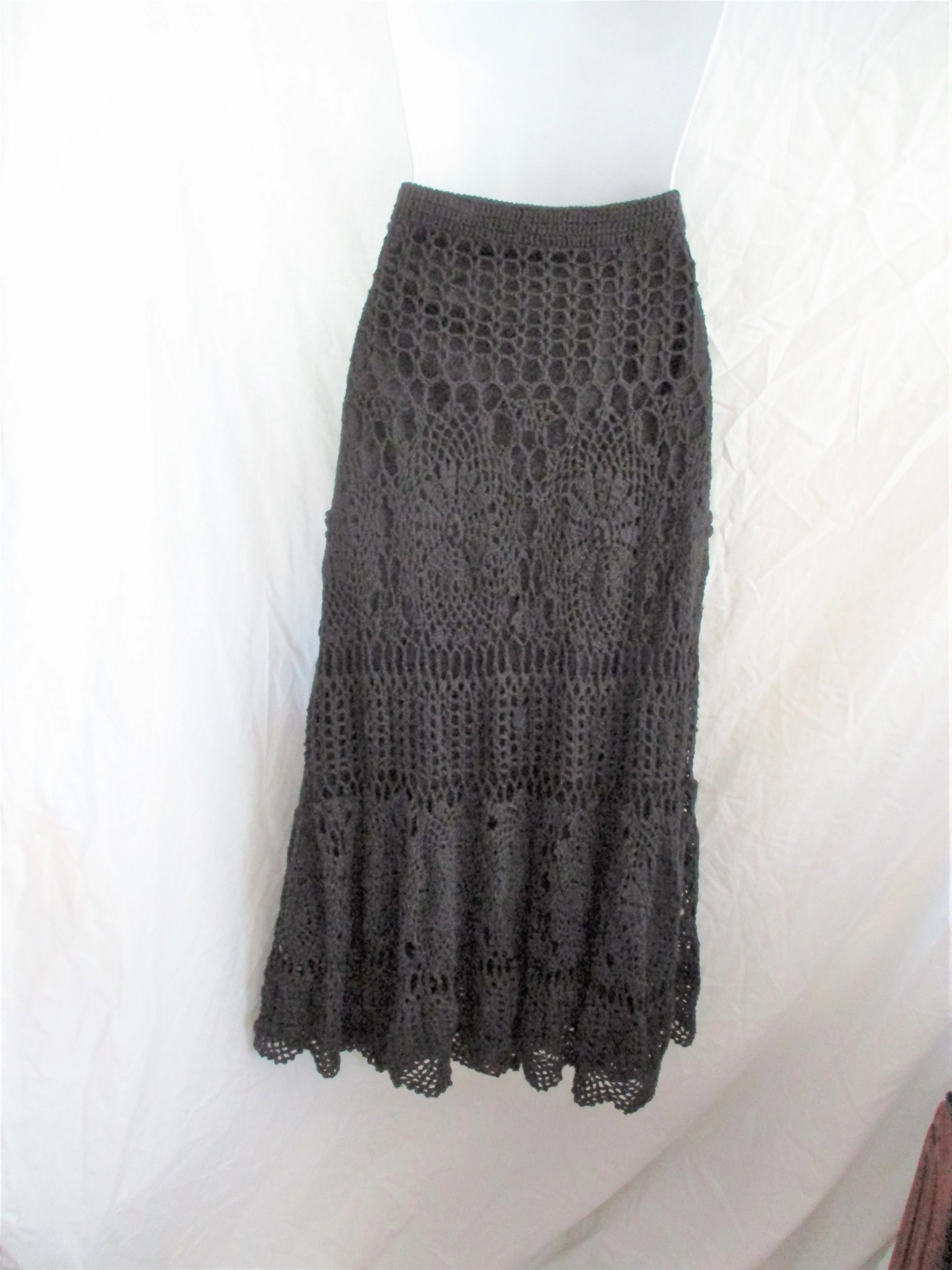 ARIELLA CROCHET MACRAME Maxi Skirt BLACK Boho Festival Hippie OS