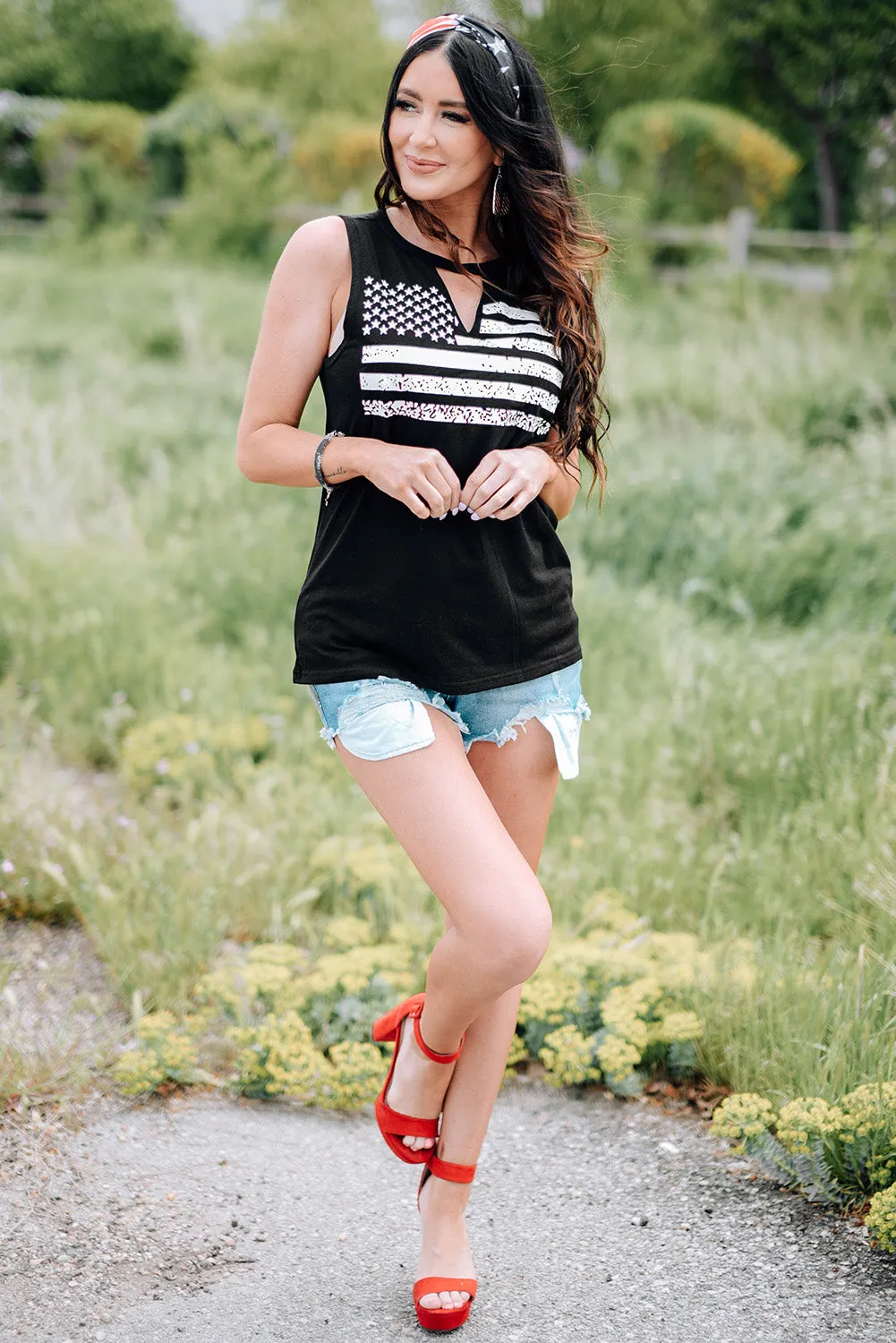 Black Cutout American Flag Print Tank Top