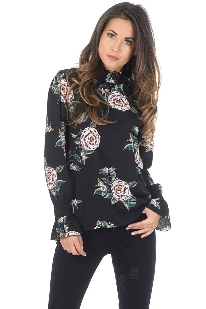 Black Floral High Neck Frill Top