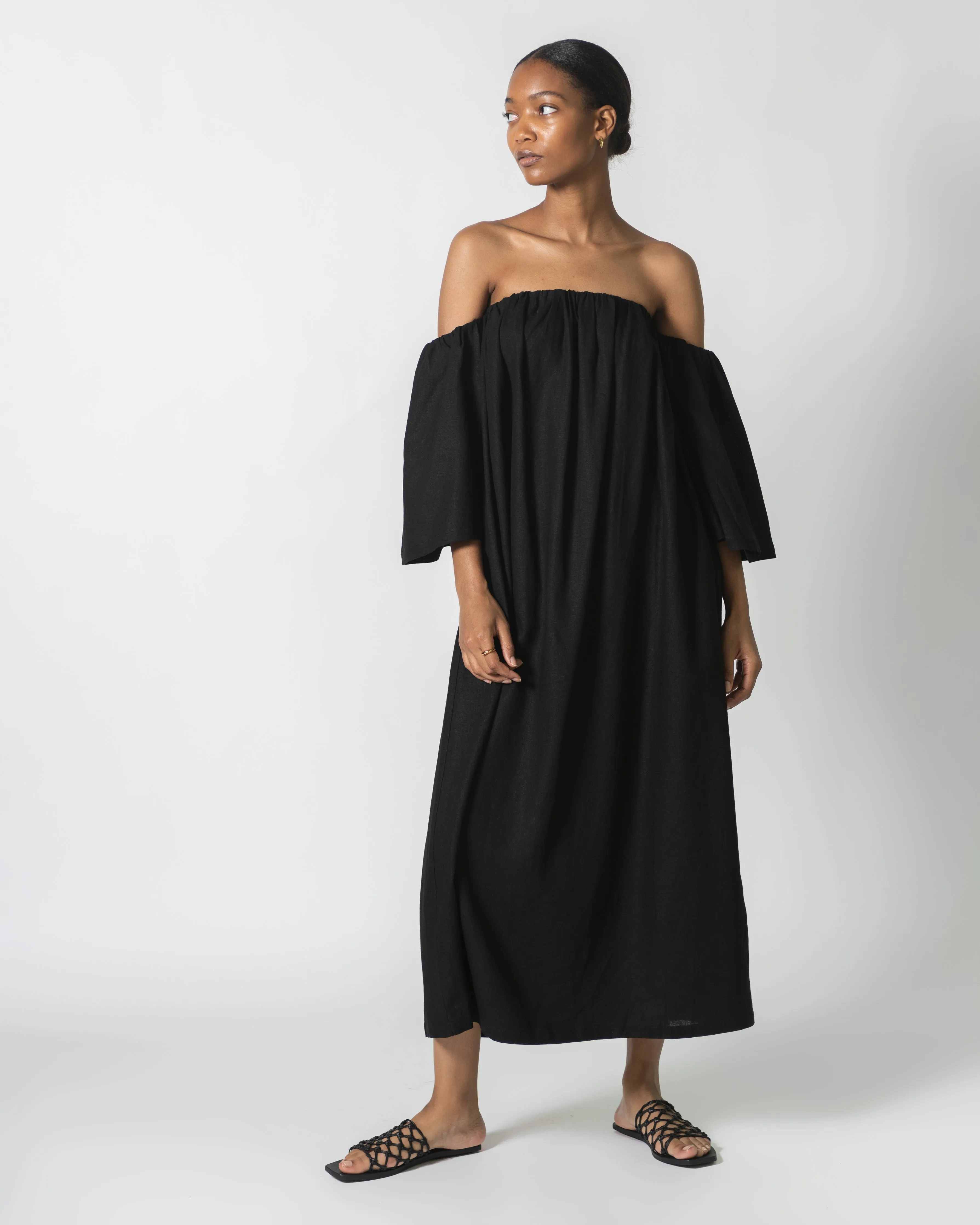 Black Linen Off The Shoulder Midi Dress