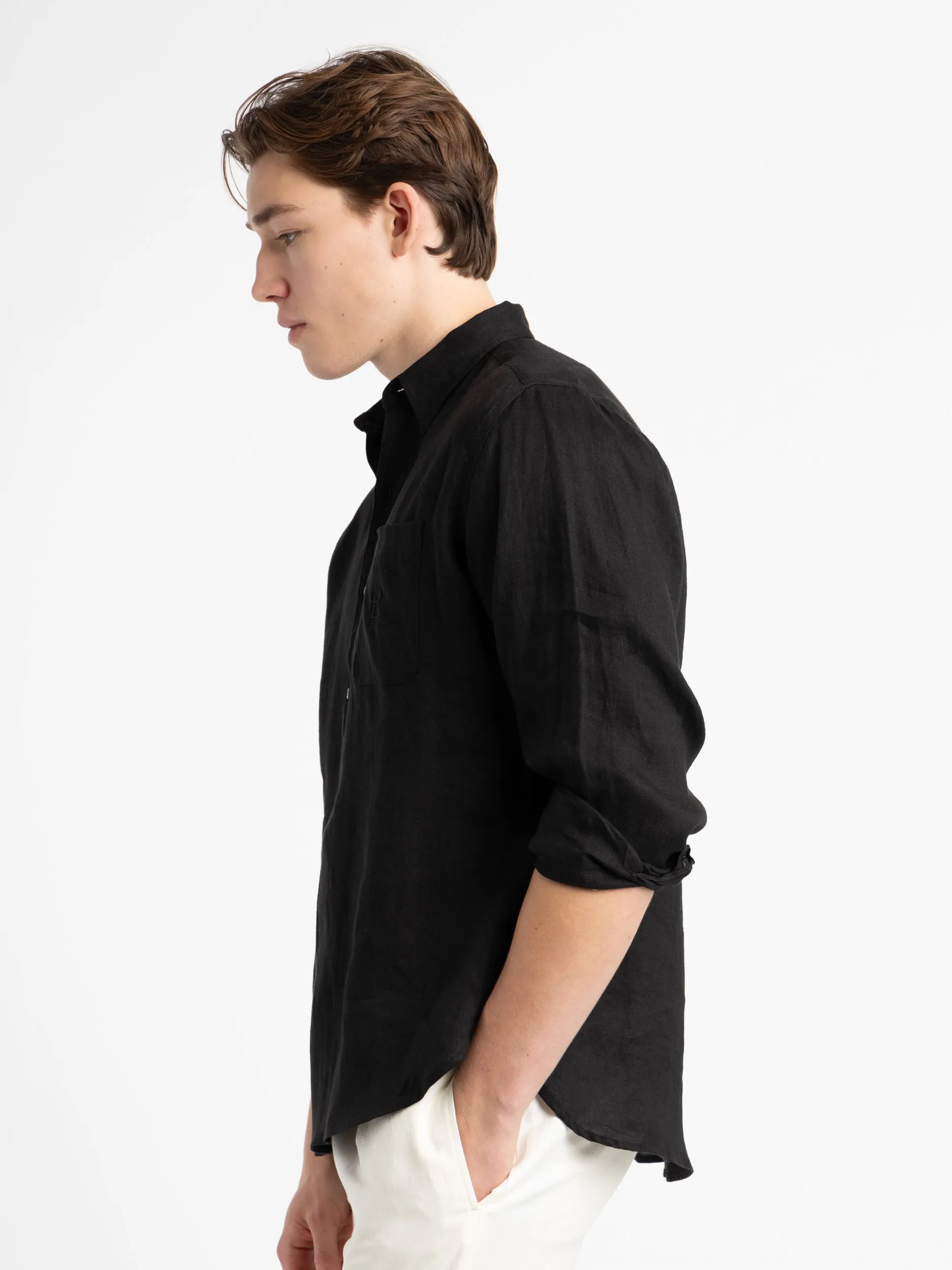 Black Textured Linen Popover Shirt