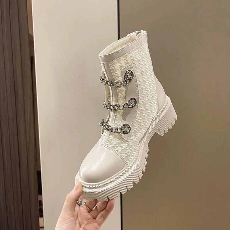 Christmas Gift Luxury New Women Boots Fashion Platform Boots Pearl Chain Casual Women Boots Chunky Boots Women Riding Boots