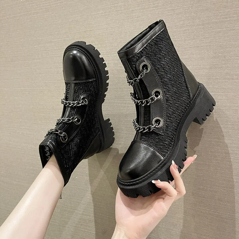 Christmas Gift Luxury New Women Boots Fashion Platform Boots Pearl Chain Casual Women Boots Chunky Boots Women Riding Boots