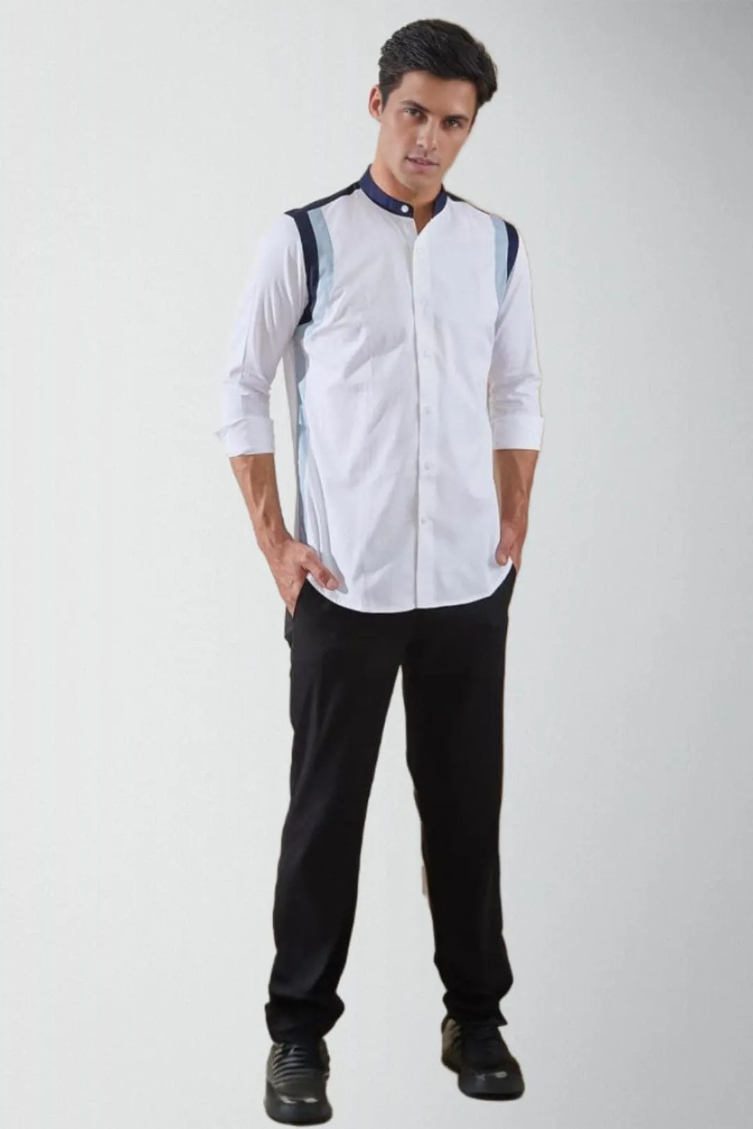 Colourblocked Band Collar Cotton Formal Shirt