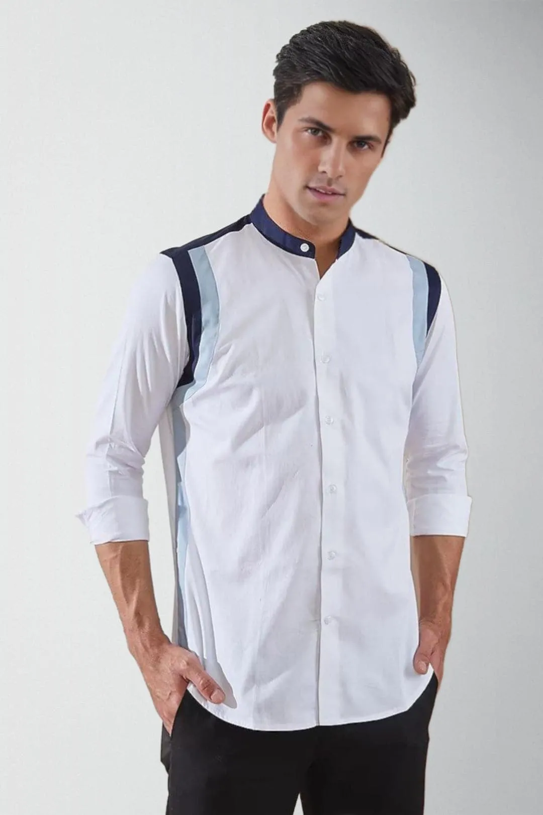 Colourblocked Band Collar Cotton Formal Shirt