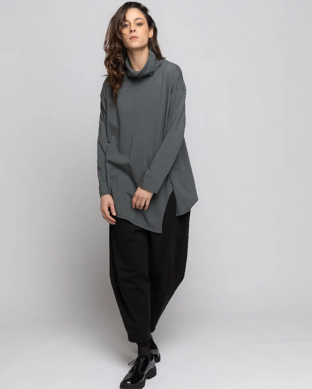 Cowl Neck Tunic T Shirt with Slit