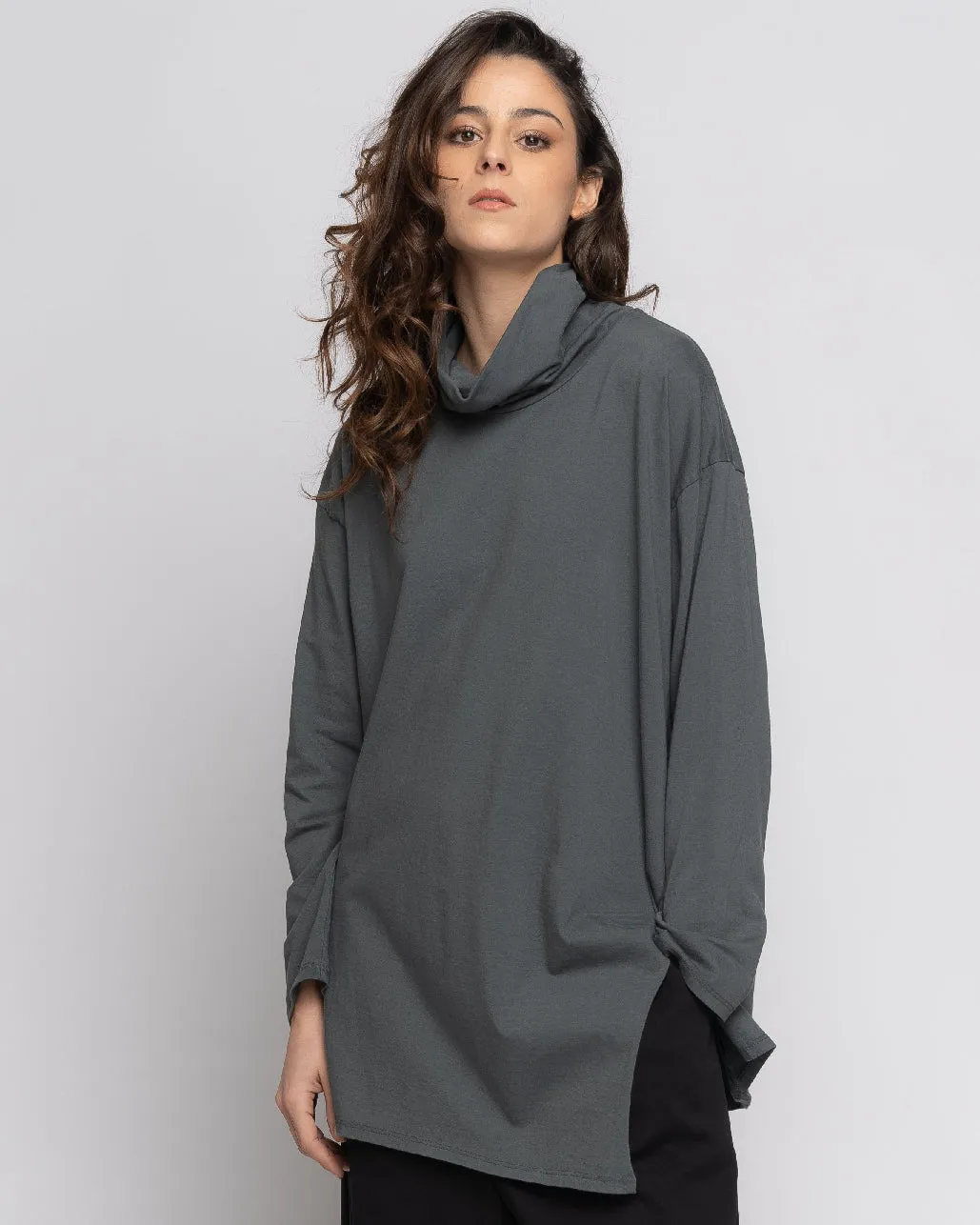 Cowl Neck Tunic T Shirt with Slit