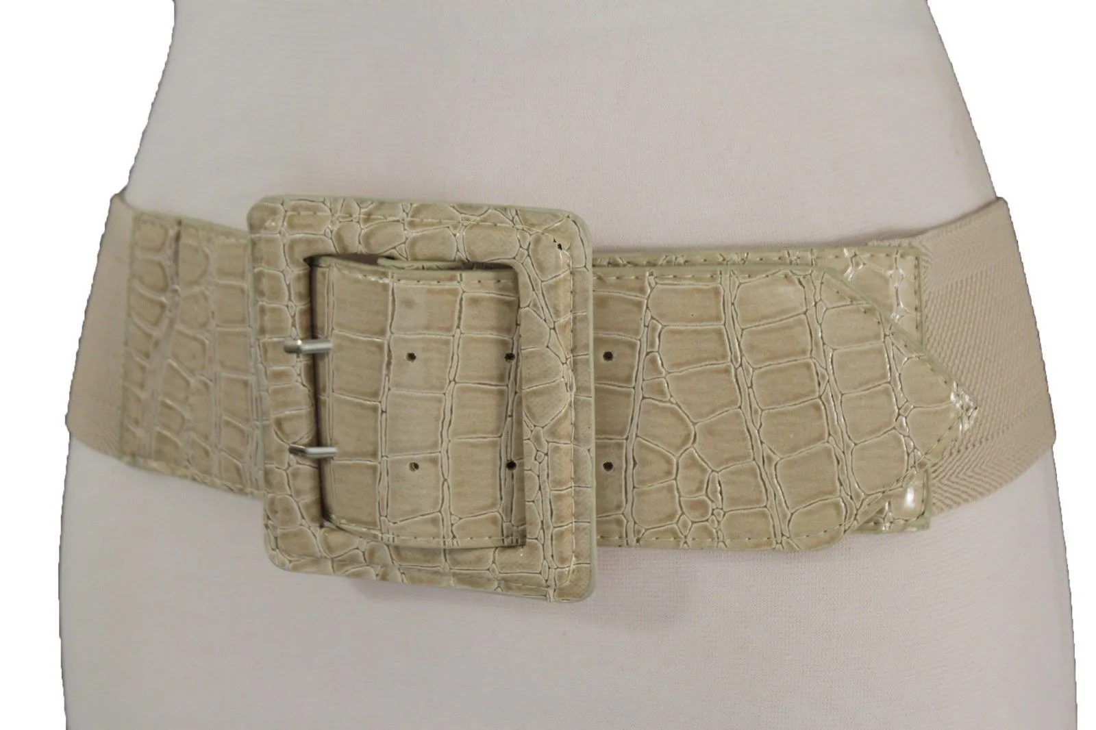 Crocodile Stamped Faux Leather Square Buckle Wide Waistband Belt