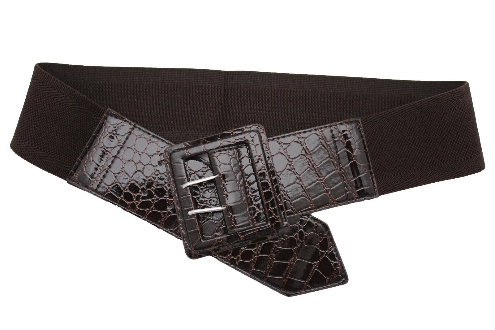 Crocodile Stamped Faux Leather Square Buckle Wide Waistband Belt