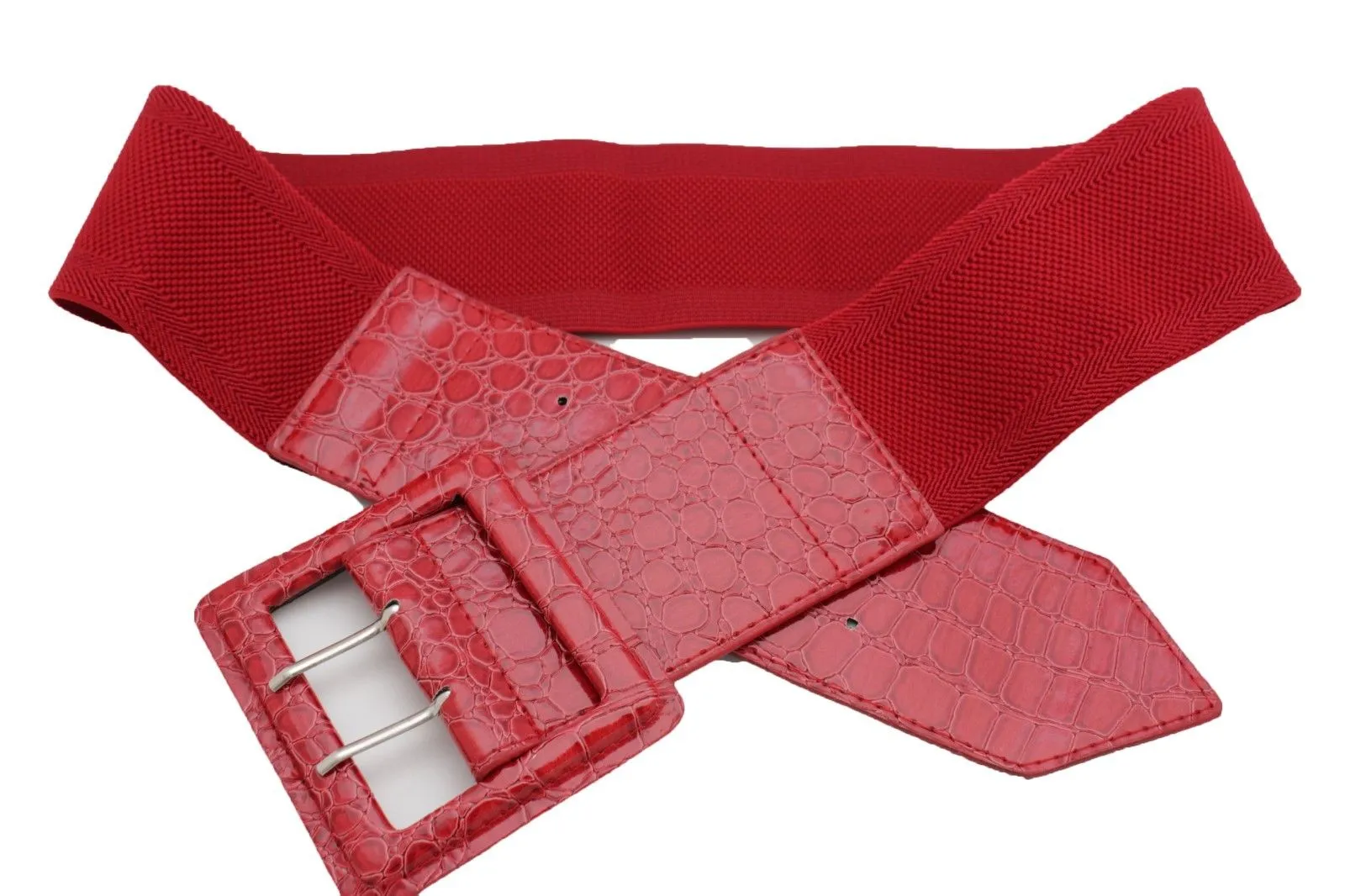 Crocodile Stamped Faux Leather Square Buckle Wide Waistband Belt