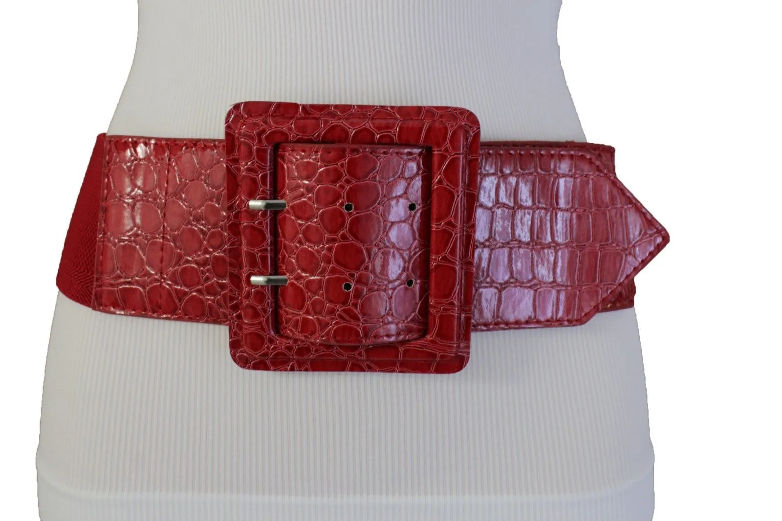 Crocodile Stamped Faux Leather Square Buckle Wide Waistband Belt