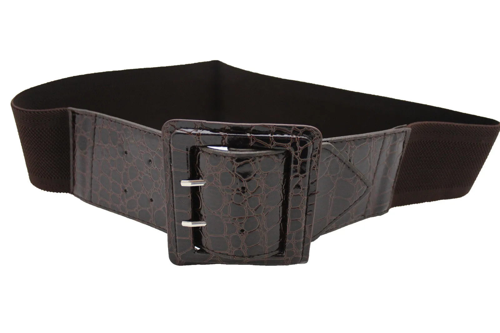 Crocodile Stamped Faux Leather Square Buckle Wide Waistband Belt