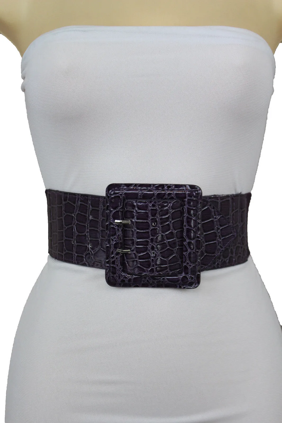 Crocodile Stamped Faux Leather Square Buckle Wide Waistband Belt