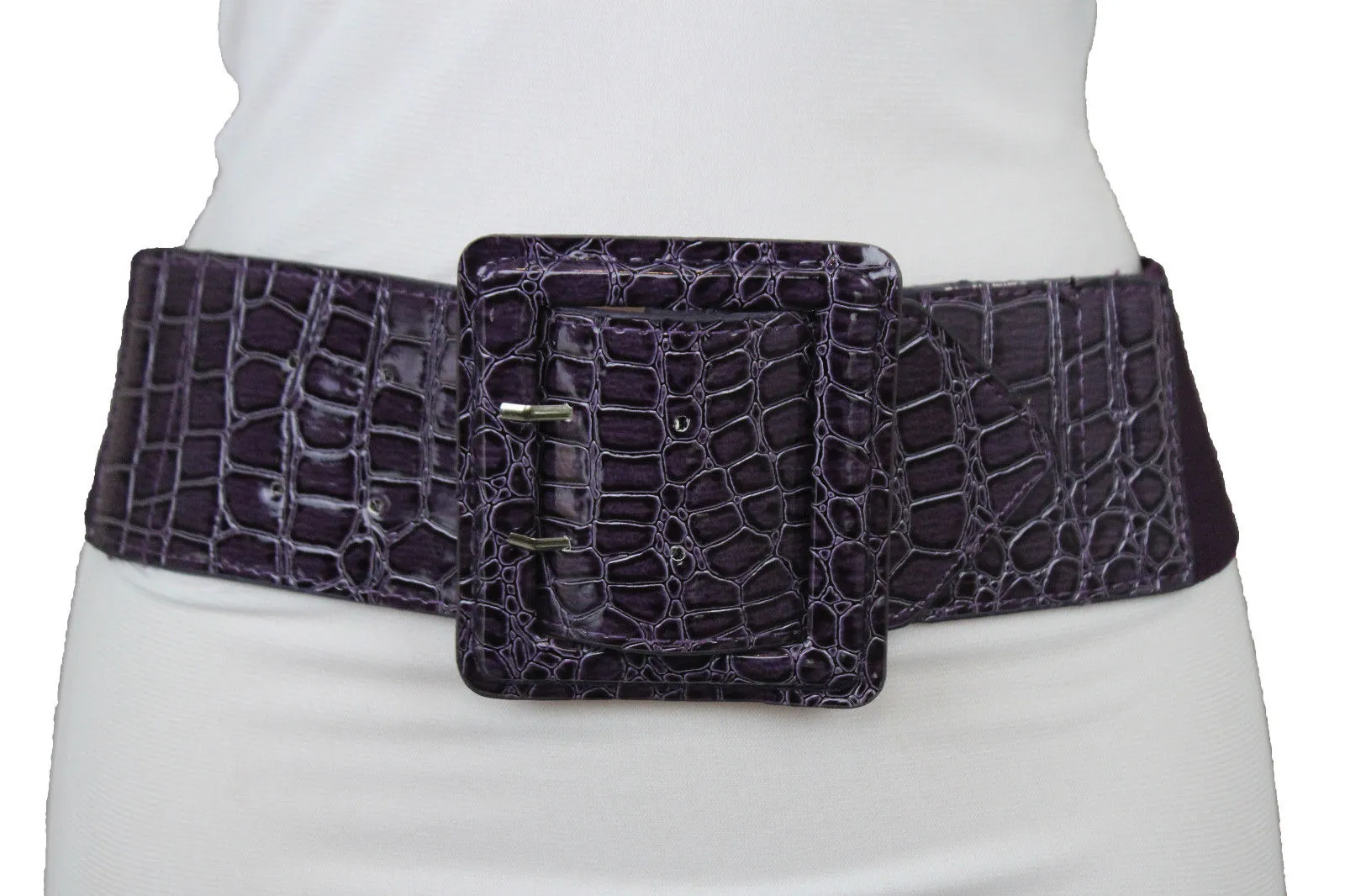 Crocodile Stamped Faux Leather Square Buckle Wide Waistband Belt