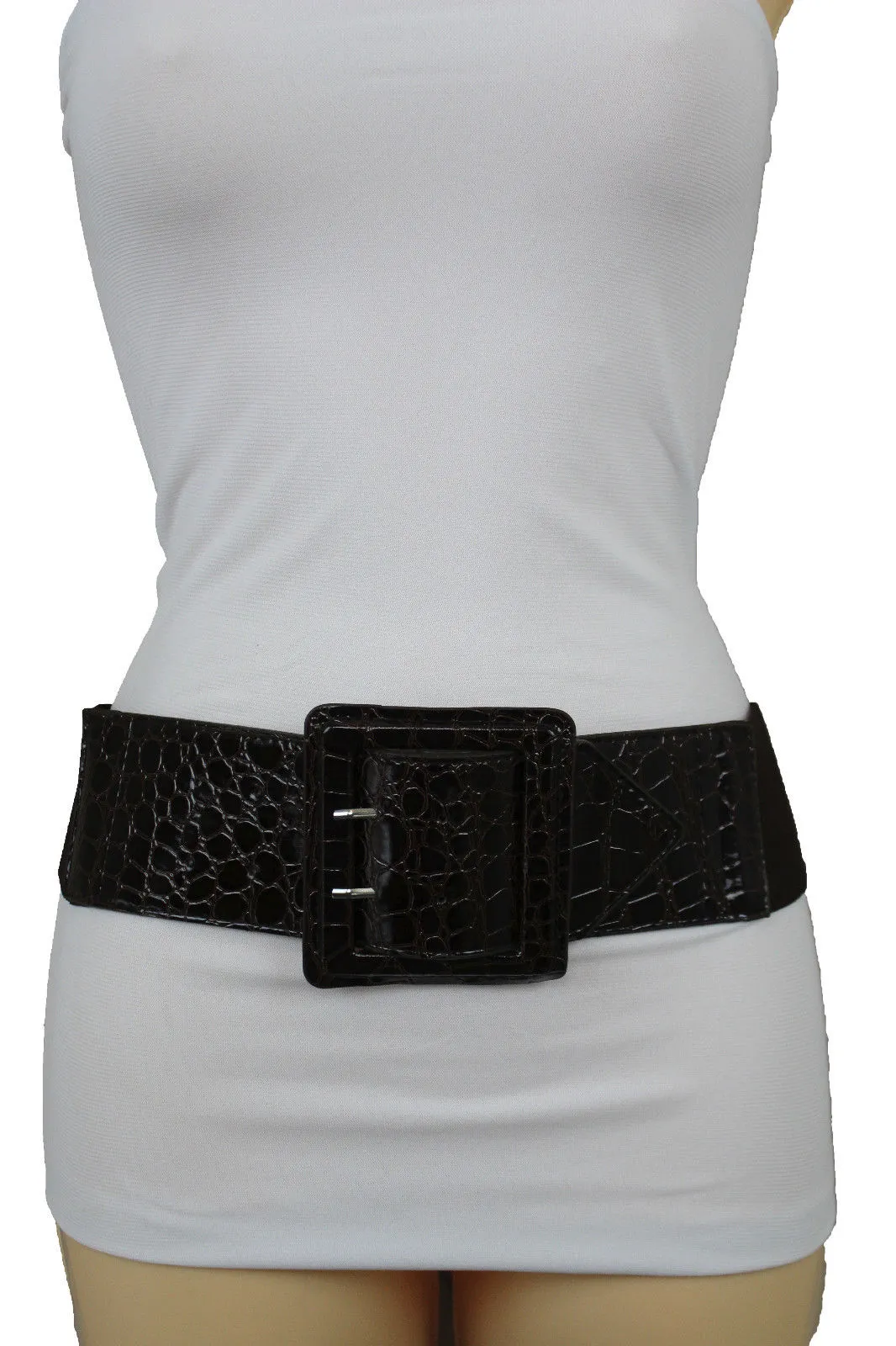 Crocodile Stamped Faux Leather Square Buckle Wide Waistband Belt