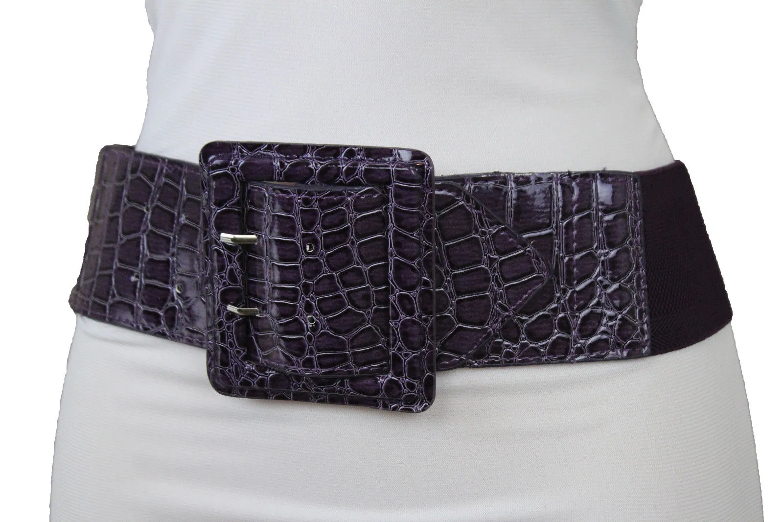 Crocodile Stamped Faux Leather Square Buckle Wide Waistband Belt