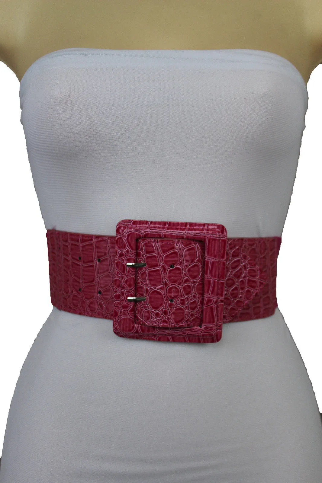 Crocodile Stamped Faux Leather Square Buckle Wide Waistband Belt