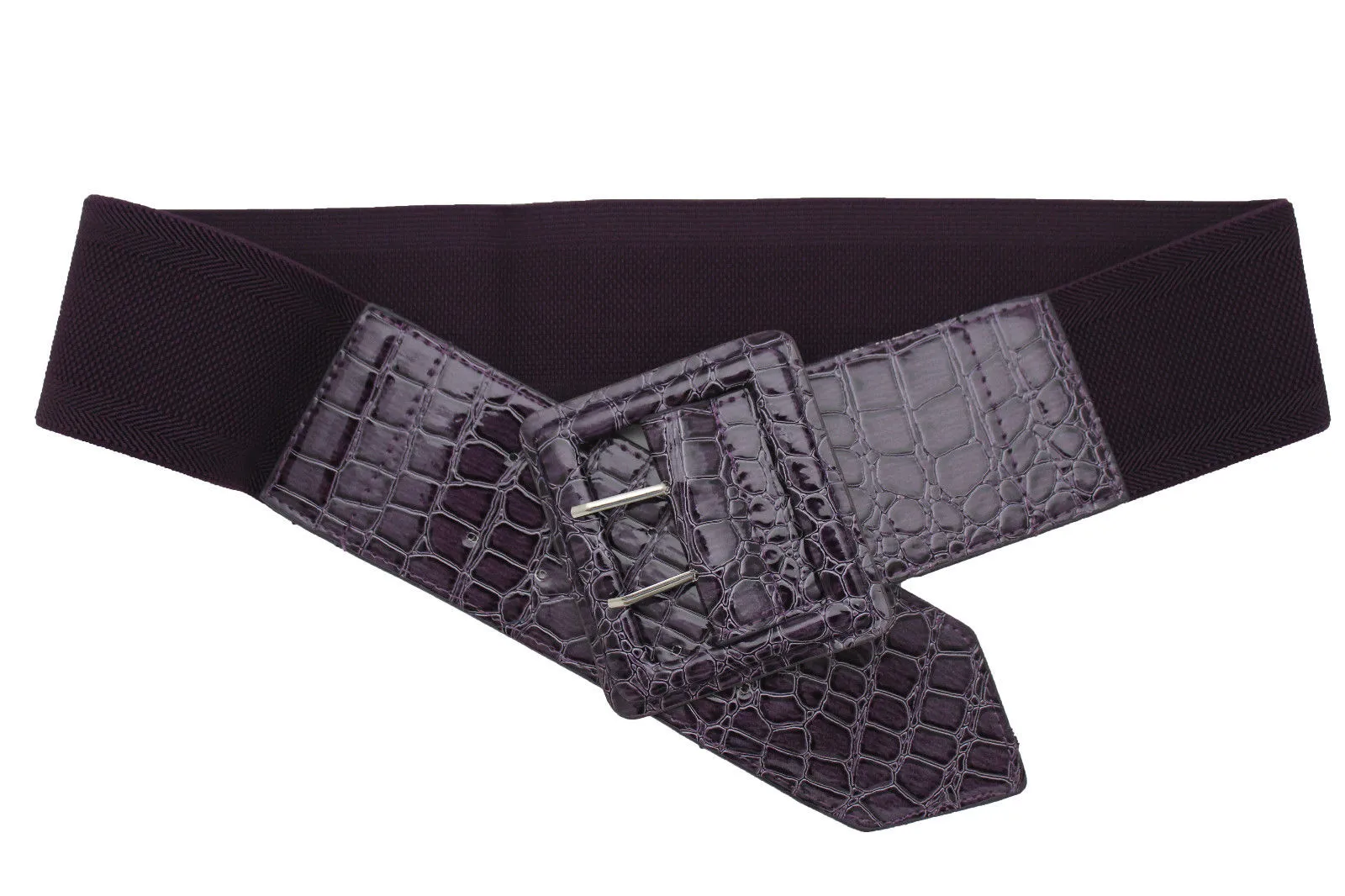 Crocodile Stamped Faux Leather Square Buckle Wide Waistband Belt