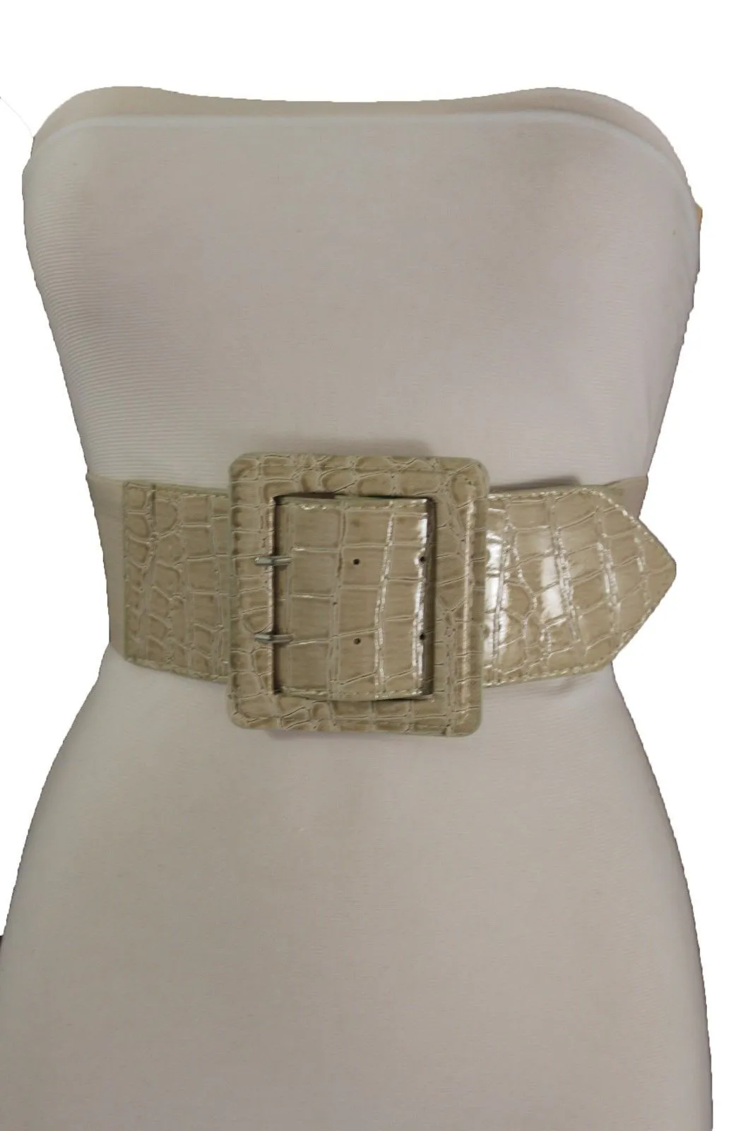 Crocodile Stamped Faux Leather Square Buckle Wide Waistband Belt