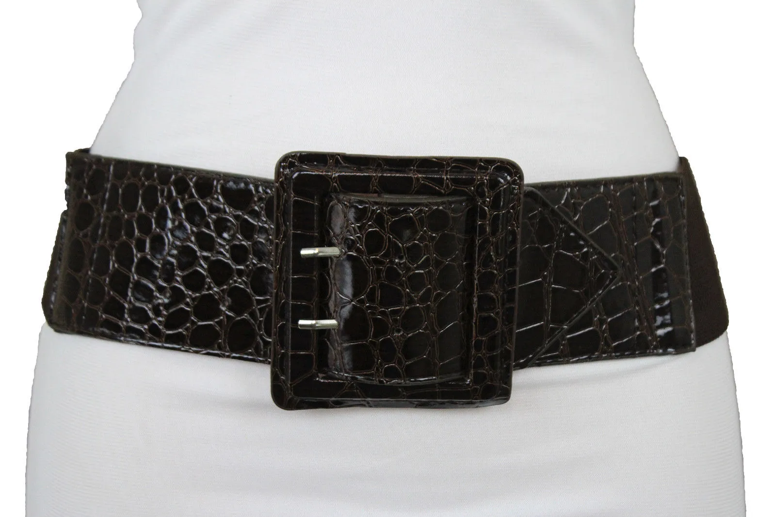 Crocodile Stamped Faux Leather Square Buckle Wide Waistband Belt