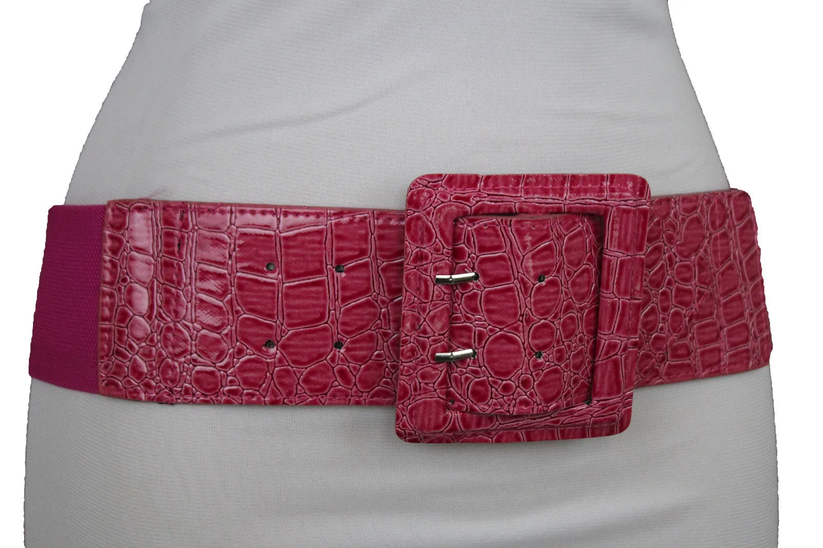 Crocodile Stamped Faux Leather Square Buckle Wide Waistband Belt