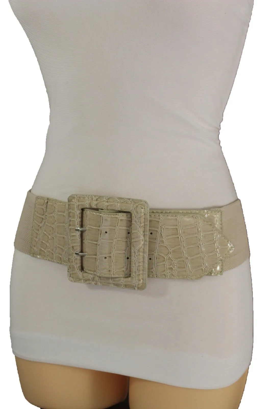 Crocodile Stamped Faux Leather Square Buckle Wide Waistband Belt