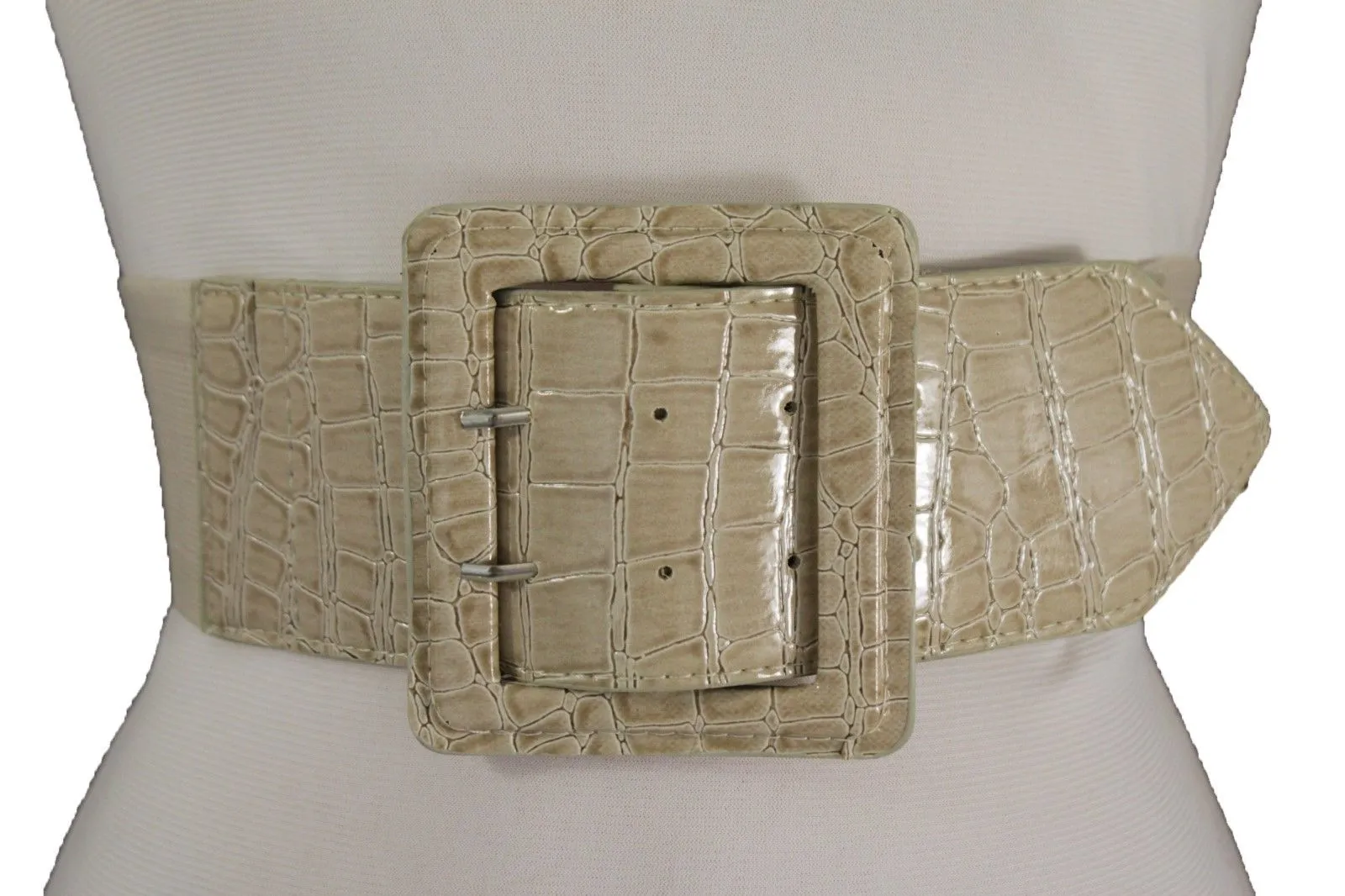 Crocodile Stamped Faux Leather Square Buckle Wide Waistband Belt