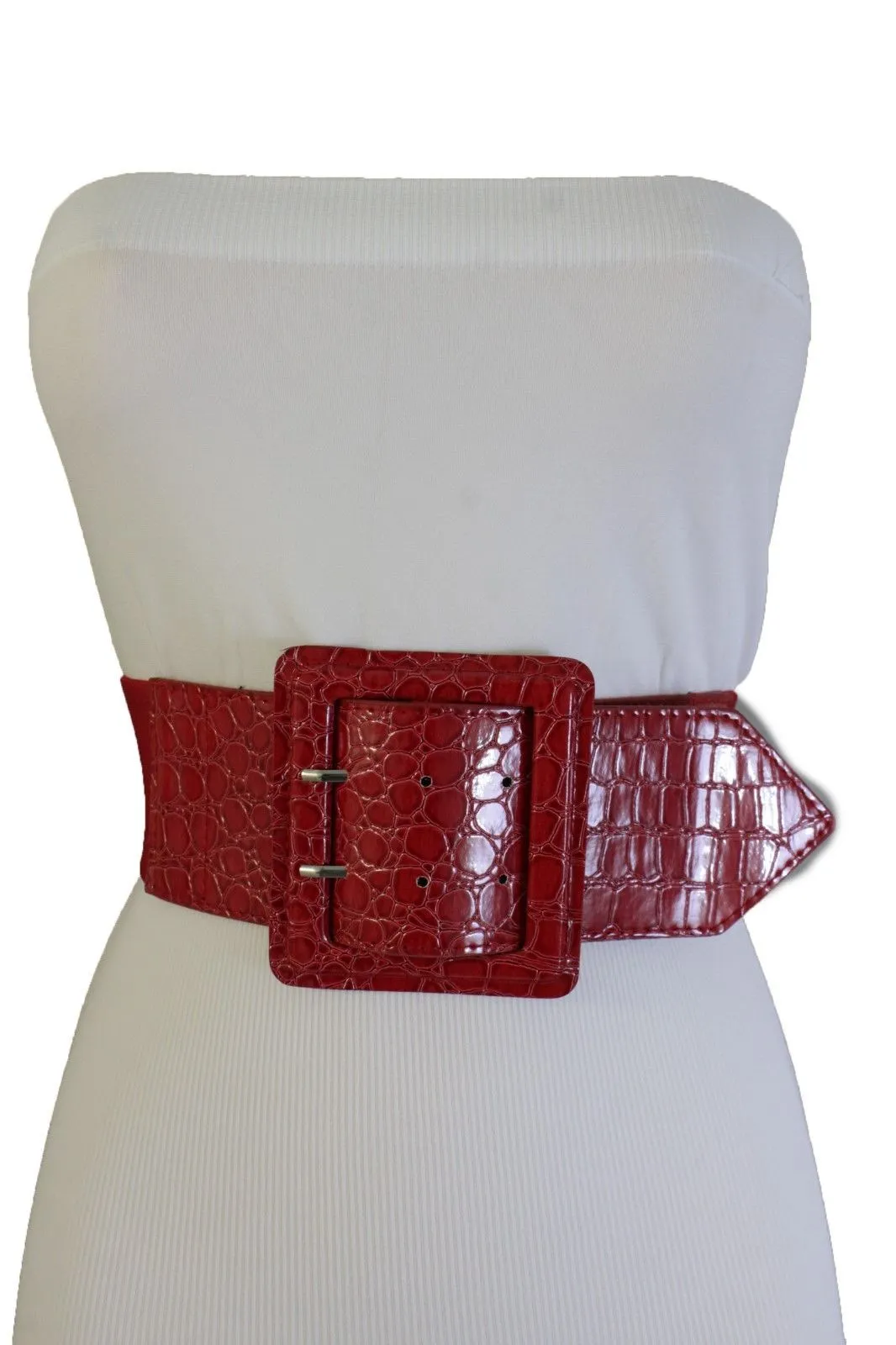 Crocodile Stamped Faux Leather Square Buckle Wide Waistband Belt