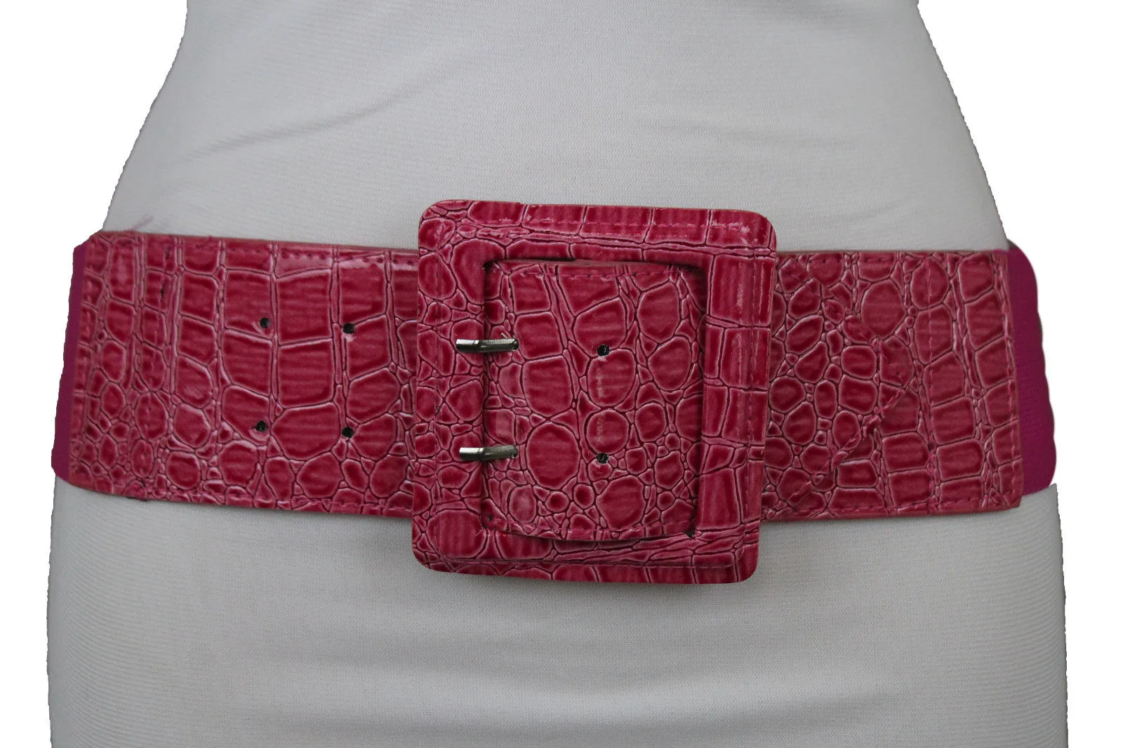 Crocodile Stamped Faux Leather Square Buckle Wide Waistband Belt