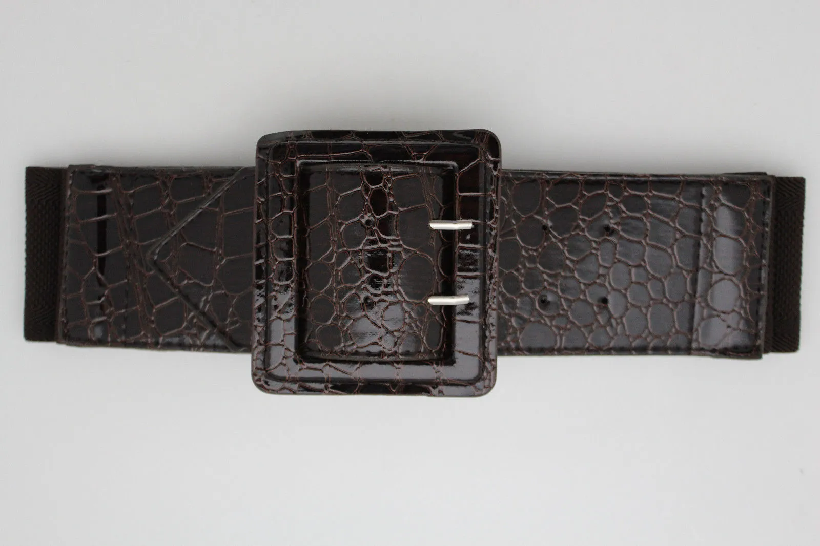 Crocodile Stamped Faux Leather Square Buckle Wide Waistband Belt