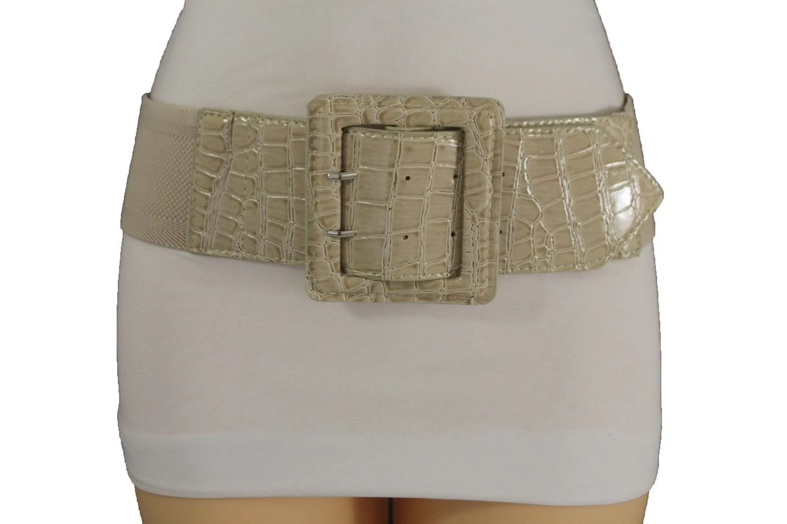 Crocodile Stamped Faux Leather Square Buckle Wide Waistband Belt