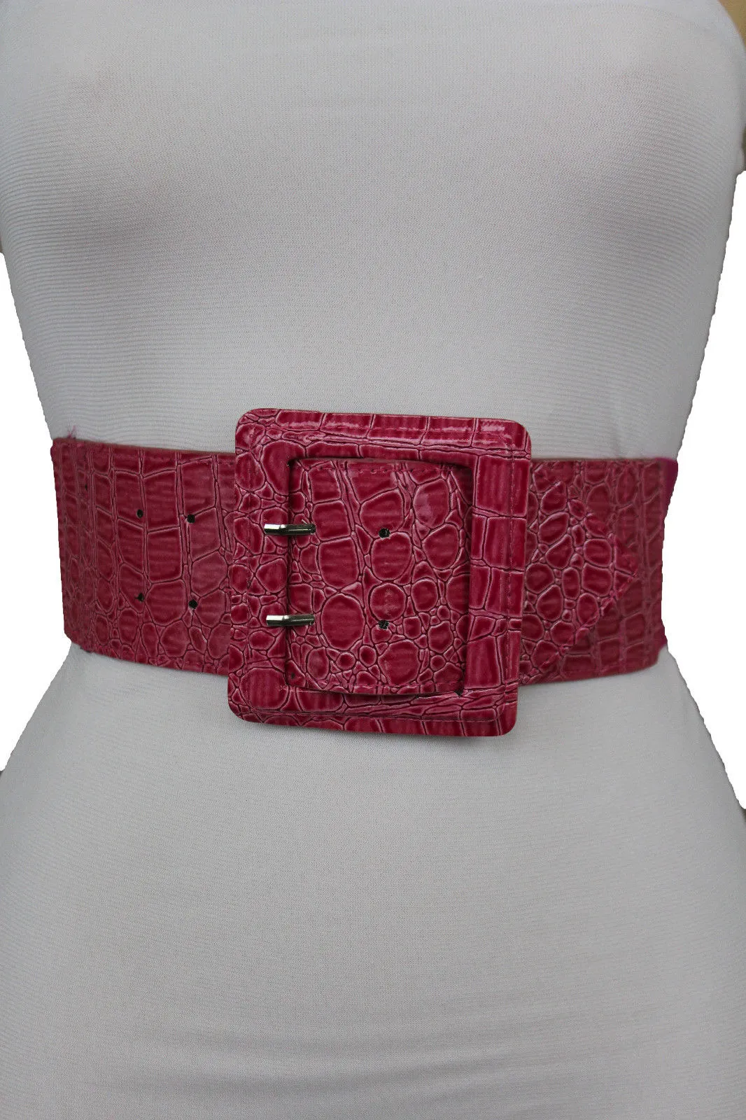 Crocodile Stamped Faux Leather Square Buckle Wide Waistband Belt