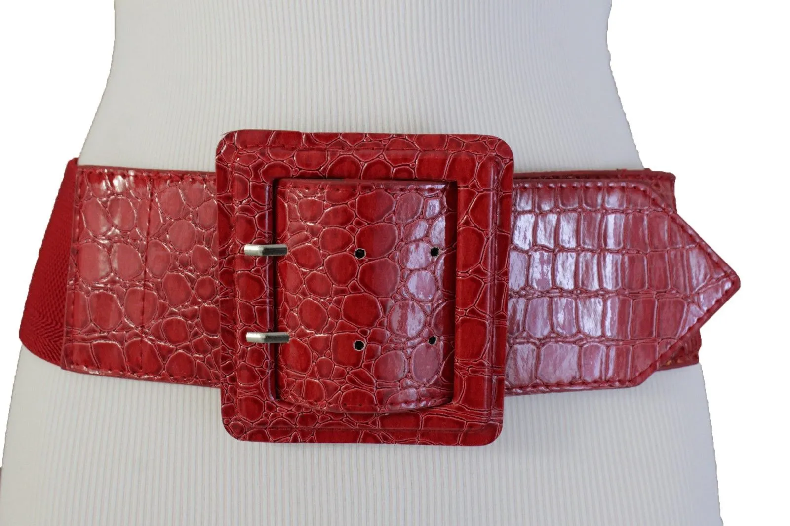 Crocodile Stamped Faux Leather Square Buckle Wide Waistband Belt