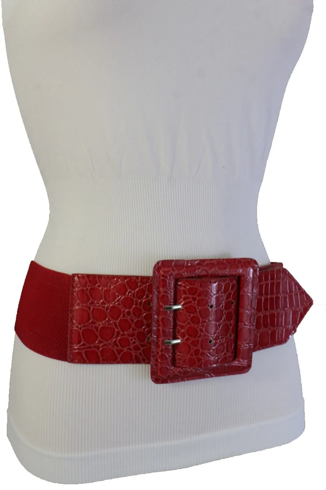 Crocodile Stamped Faux Leather Square Buckle Wide Waistband Belt