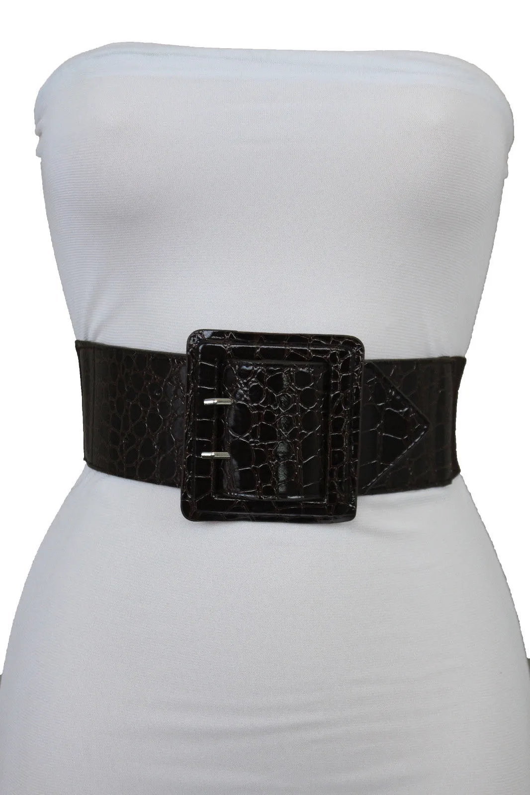 Crocodile Stamped Faux Leather Square Buckle Wide Waistband Belt