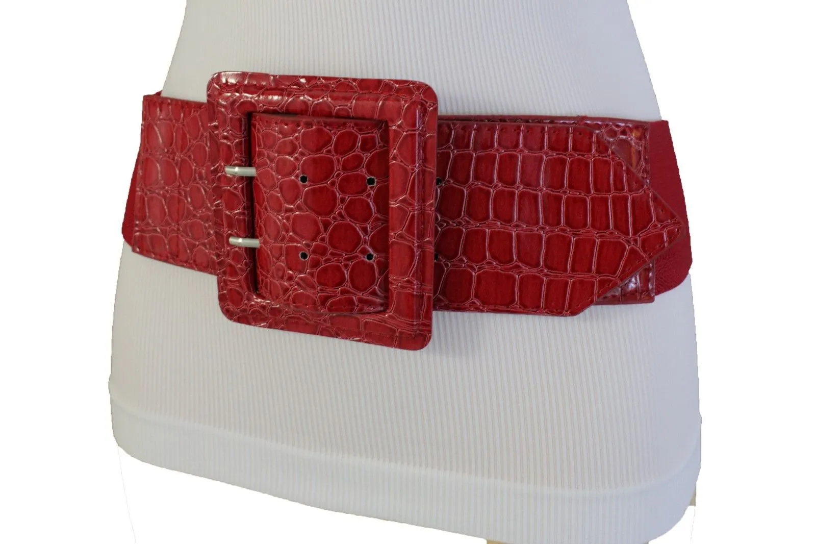 Crocodile Stamped Faux Leather Square Buckle Wide Waistband Belt