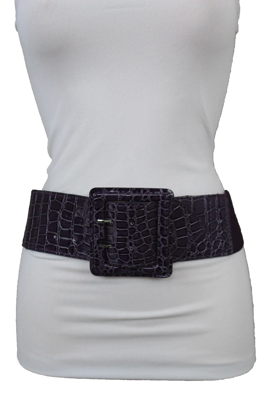 Crocodile Stamped Faux Leather Square Buckle Wide Waistband Belt