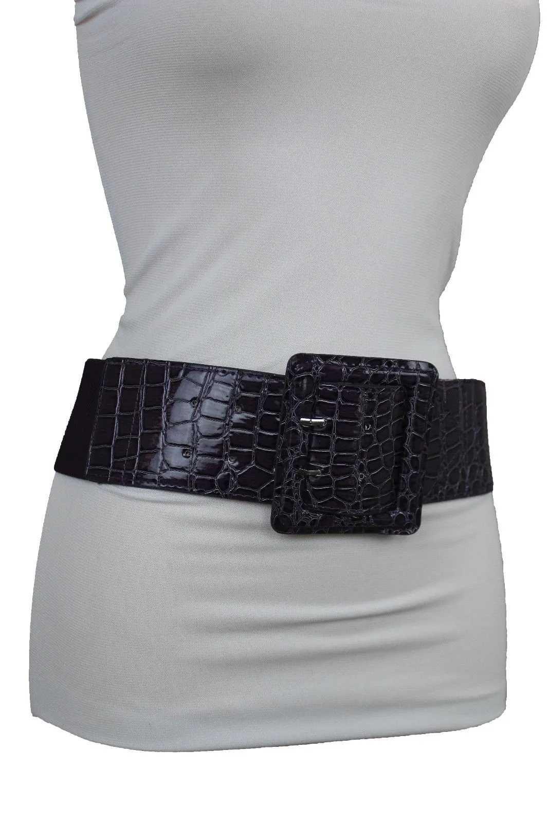 Crocodile Stamped Faux Leather Square Buckle Wide Waistband Belt