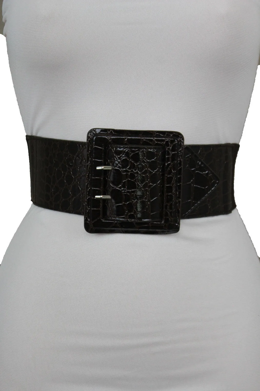 Crocodile Stamped Faux Leather Square Buckle Wide Waistband Belt