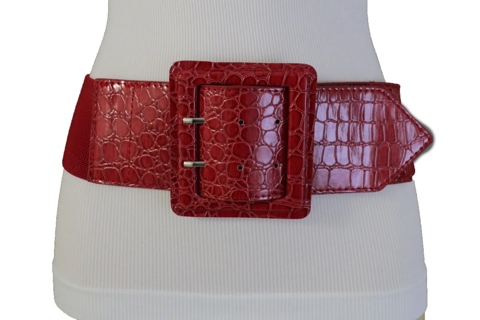 Crocodile Stamped Faux Leather Square Buckle Wide Waistband Belt