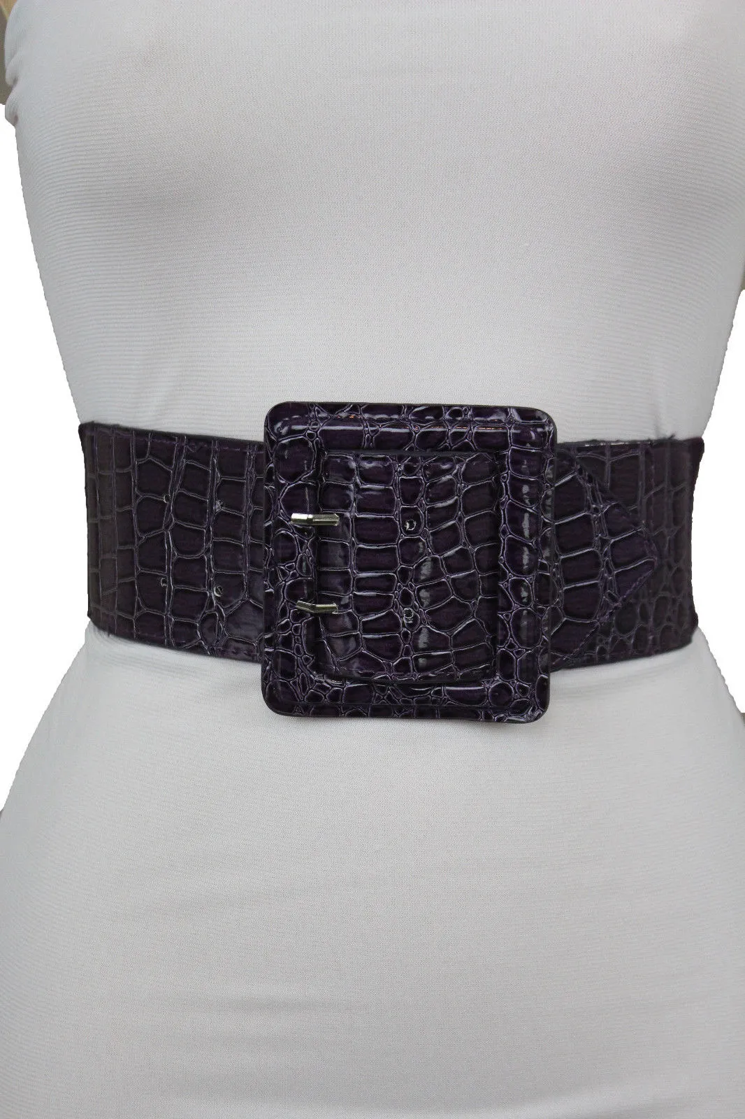 Crocodile Stamped Faux Leather Square Buckle Wide Waistband Belt