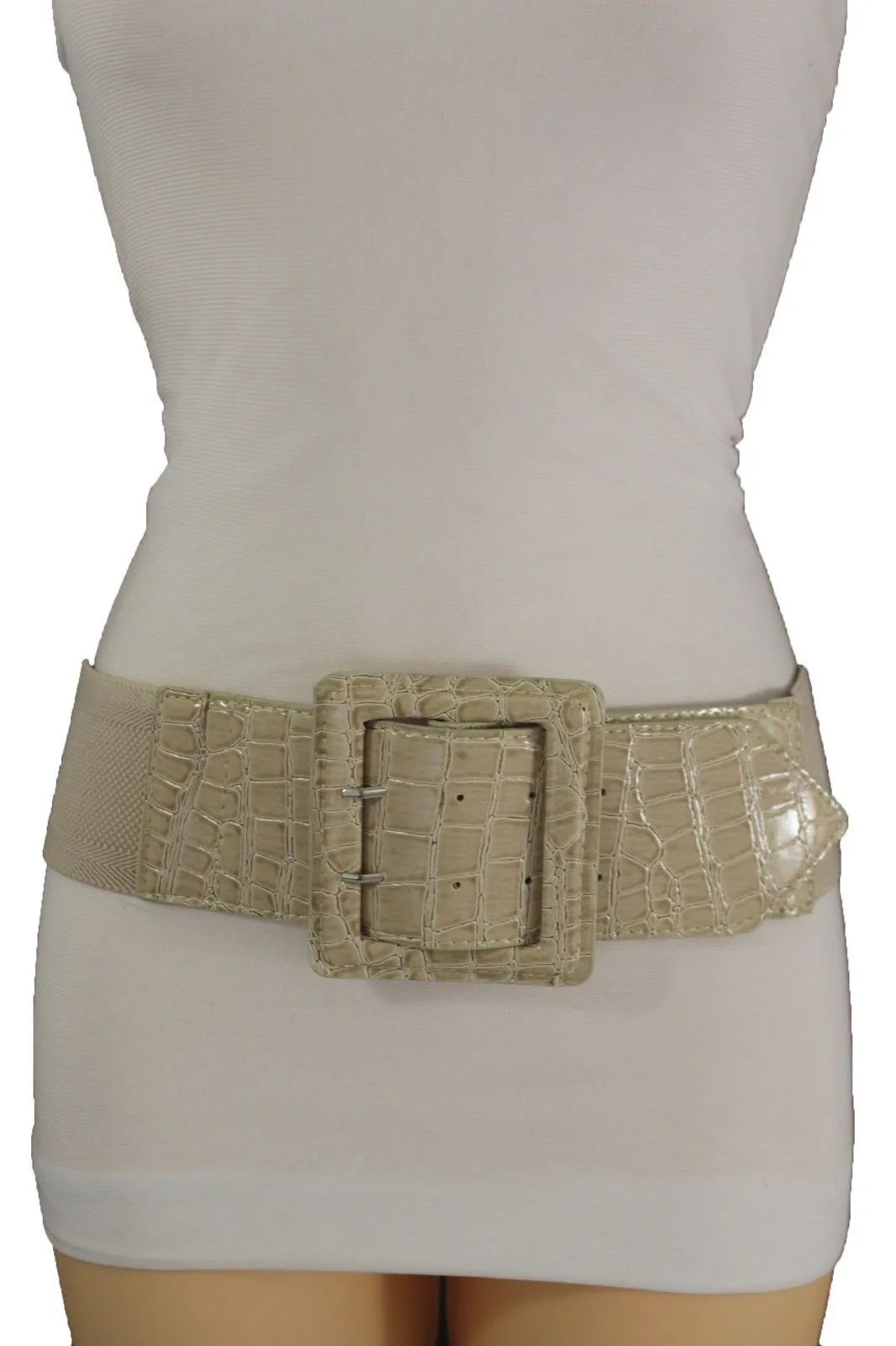 Crocodile Stamped Faux Leather Square Buckle Wide Waistband Belt