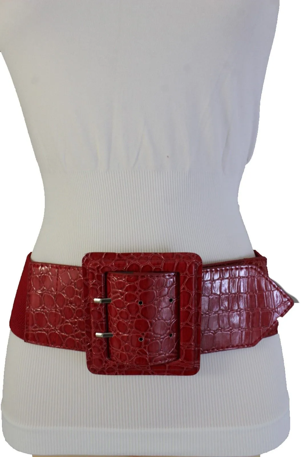 Crocodile Stamped Faux Leather Square Buckle Wide Waistband Belt