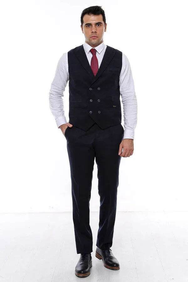 Double Breasted Plaid Navy Blue Men's Vest - Wessi