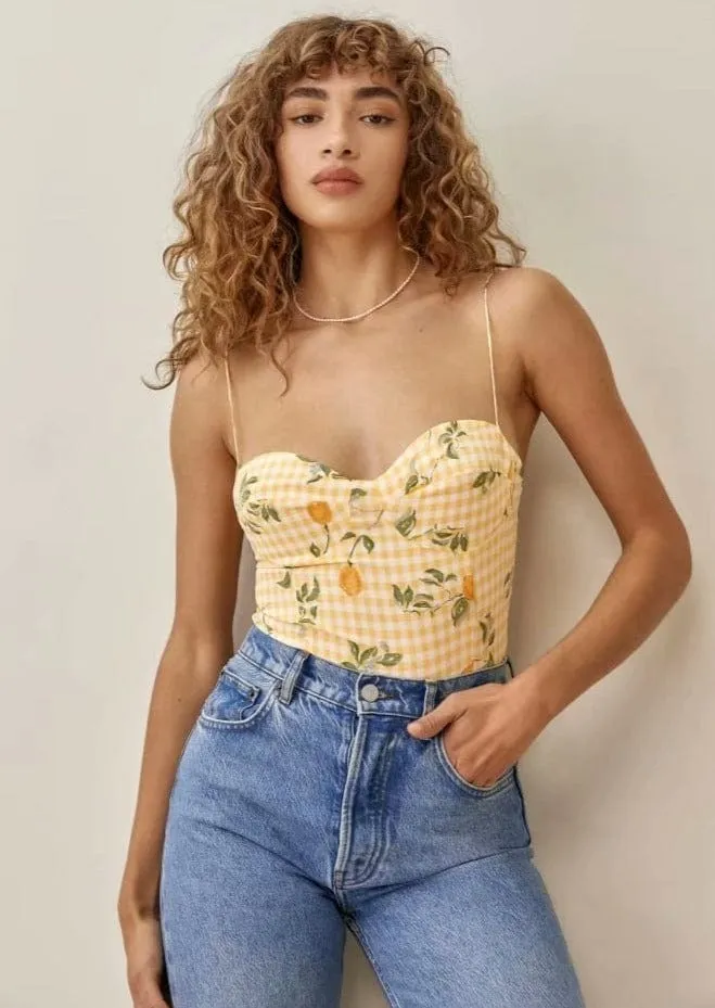 Floral Gingham Shoulder Tying Sweetheart Cropped Tank