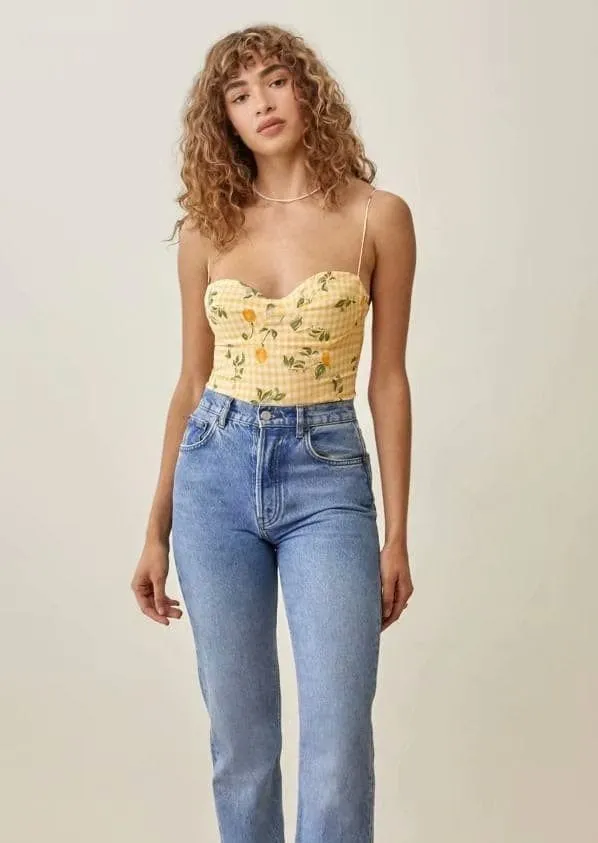 Floral Gingham Shoulder Tying Sweetheart Cropped Tank